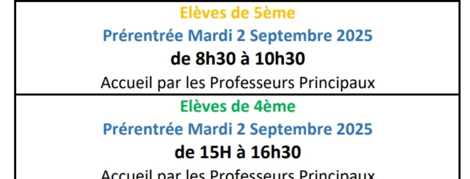 Horaires de rentrée 2025